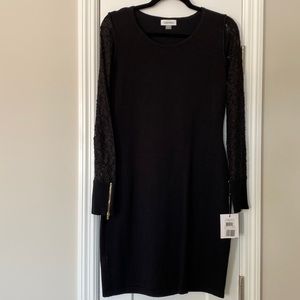 NWT Calvin Klein Black Sweater Dress with Lace Sleeves and Gold Zippers